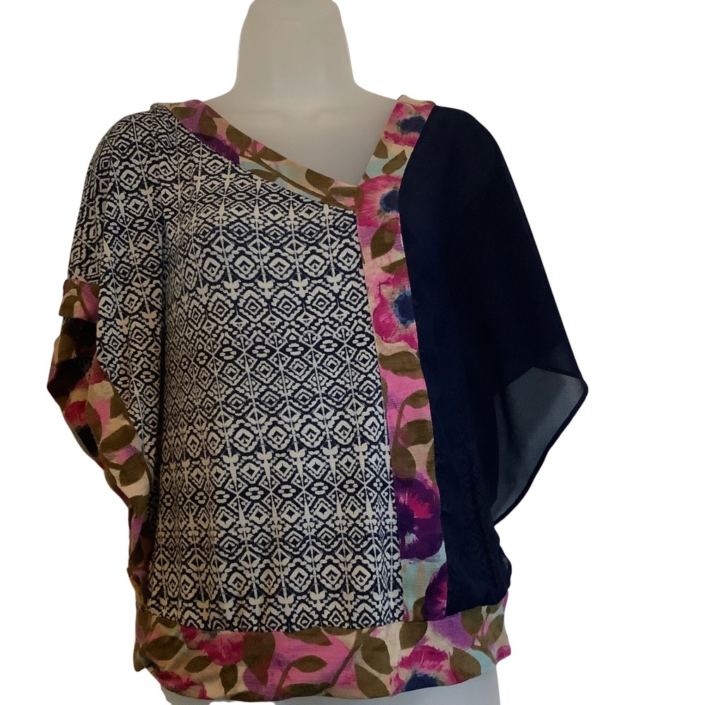 Vanessa Virginia Anthropologie Mixed Print Blouse Floral Ikat Asymmetric Navy S - Picture 5 of 15